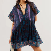 Floral Print Short Sleeve V-Neck Ruffled Hem Loose Mini Dress with Pockets